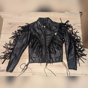 Wilsons Open Road Vintage Women's Leather Fringe Jacket size S Black